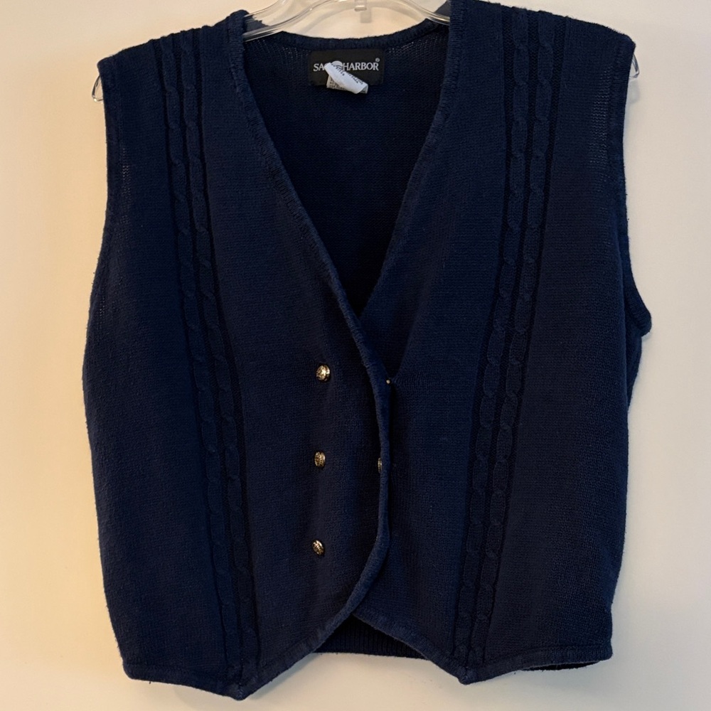 Vintage Sag Harbor Dark Blue V-Neck 90s Grandma core Sweater Vest,‎ large,
